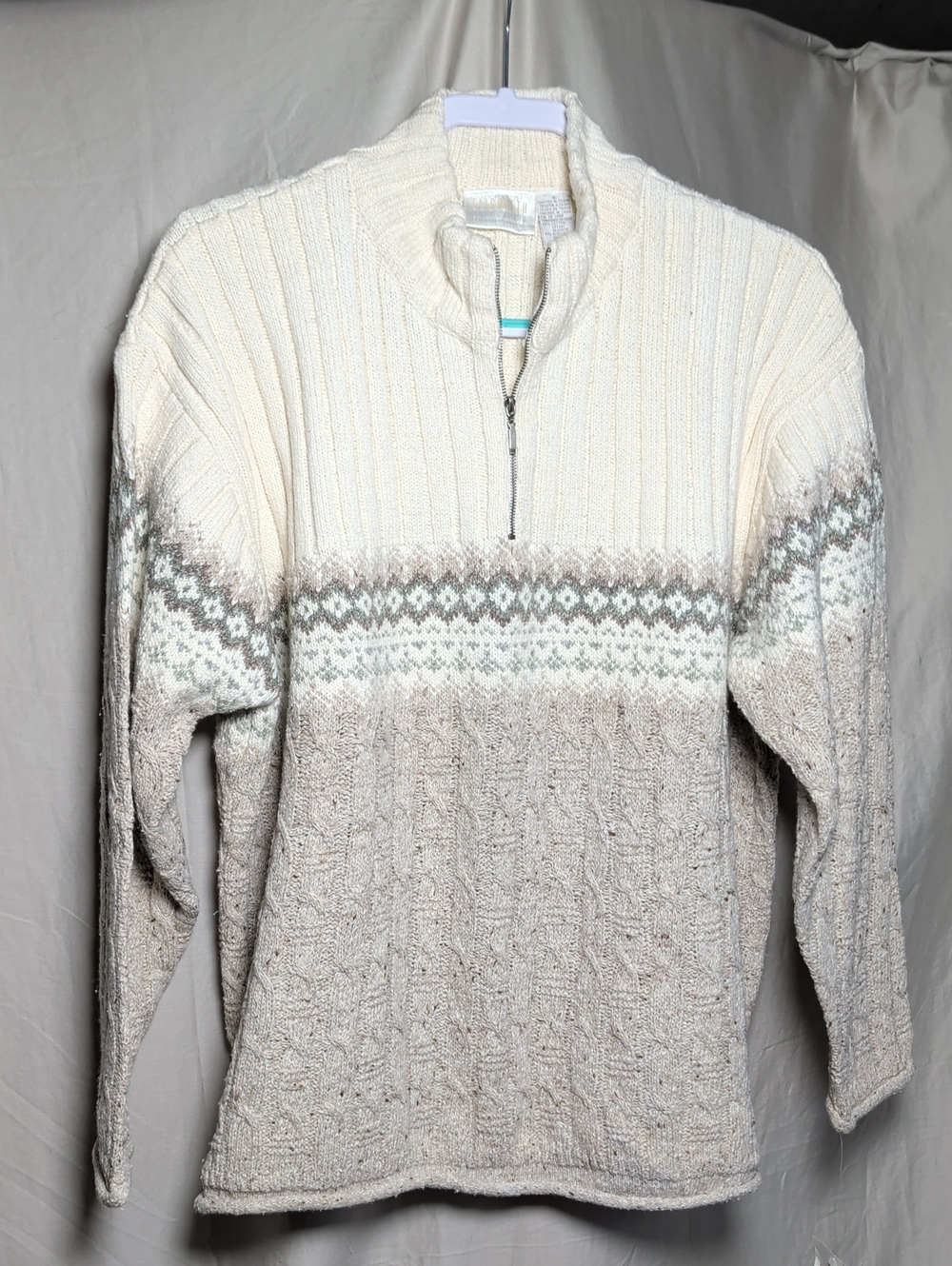 Women's Zip-Neck Sweater in Cream and Light Brown Cozy Cotton Plus Size